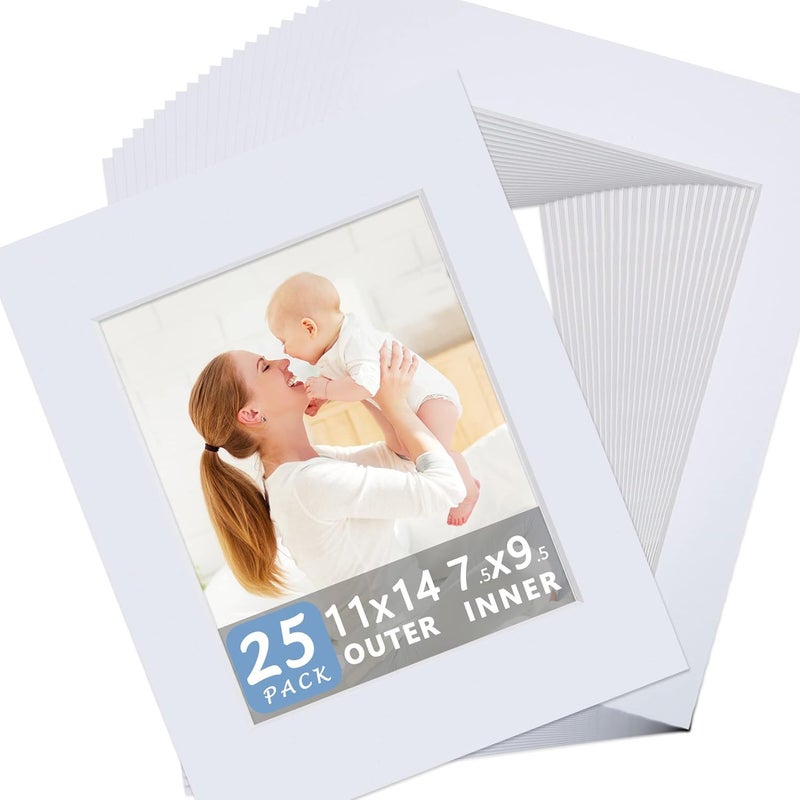 Somime 25 Pack White Picture Mats - 11x14 Pre-Cut Mats for 8x10 Photos - White Core Bevel Cut Frame Matte, Acid Free, Ideal for Frames, Artwork and Prints - Image 1